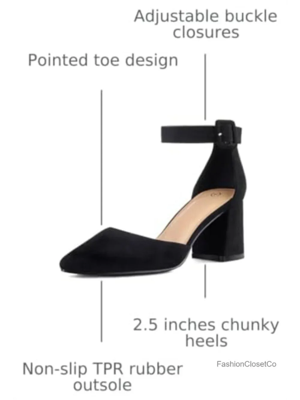 Women's Pointed Toe Pumps Ankle Strap Chunky Block Heel Dress Shoes